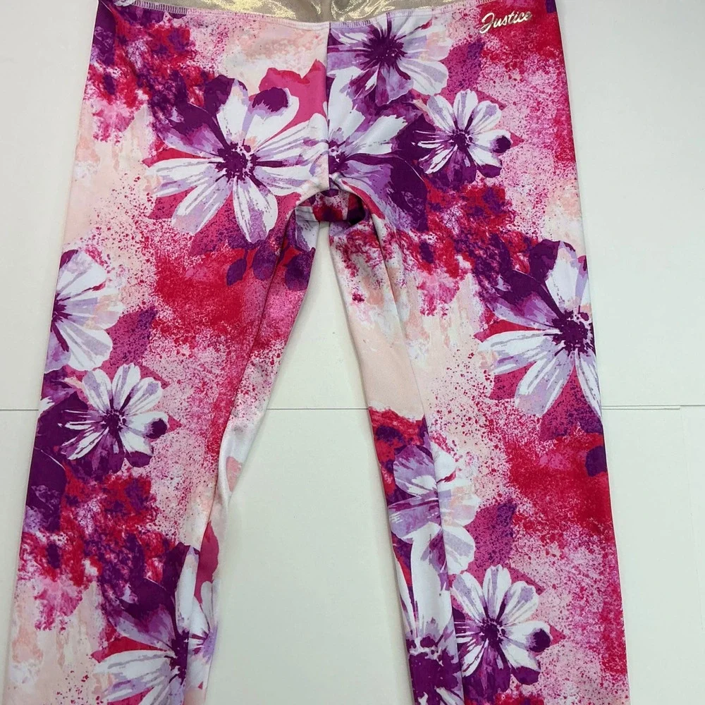 Justice Multi Pink Floral Leggings Kids Size L 12/14 Gold Metallic Waistband